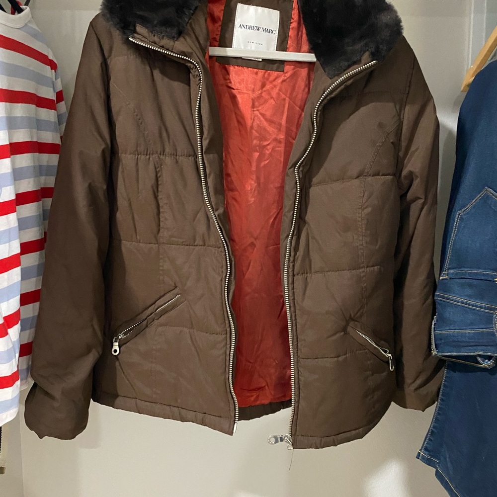 Andrew Marc Brown Puffer Jacket with Black Faux Fur Collar